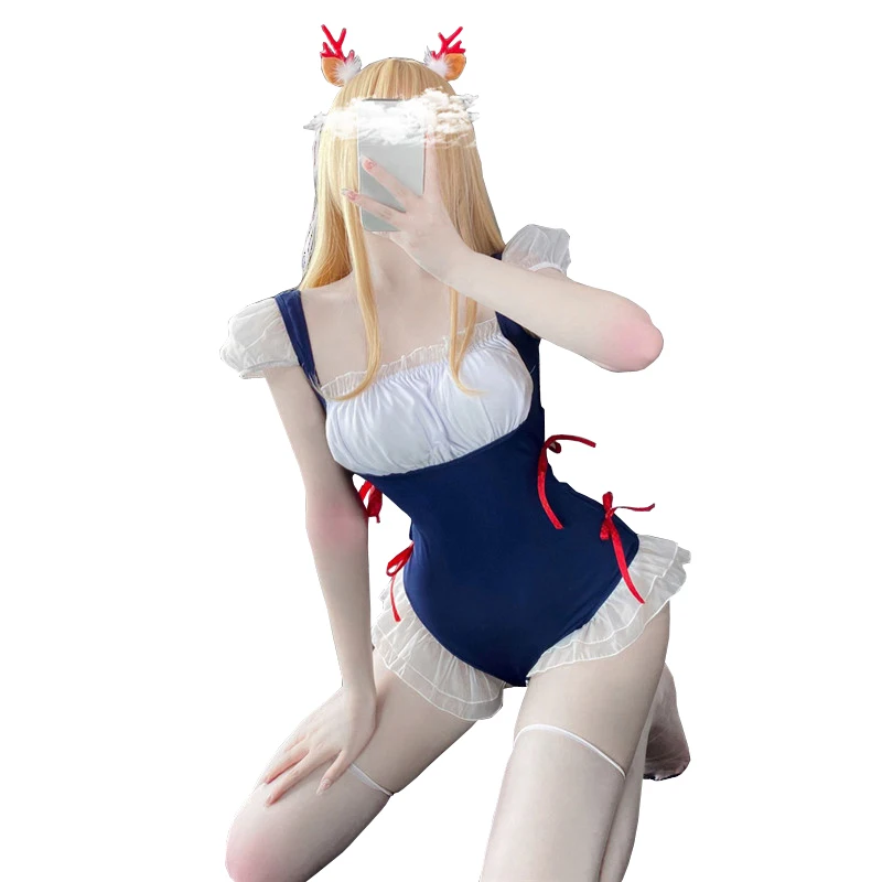 

Japanese Anime Maid Cosplay Uniform Blue Kawaii Lolita Ruffled Maid Outfit Sexy Zipper Crotch Bodysuit Exotic Lingeries