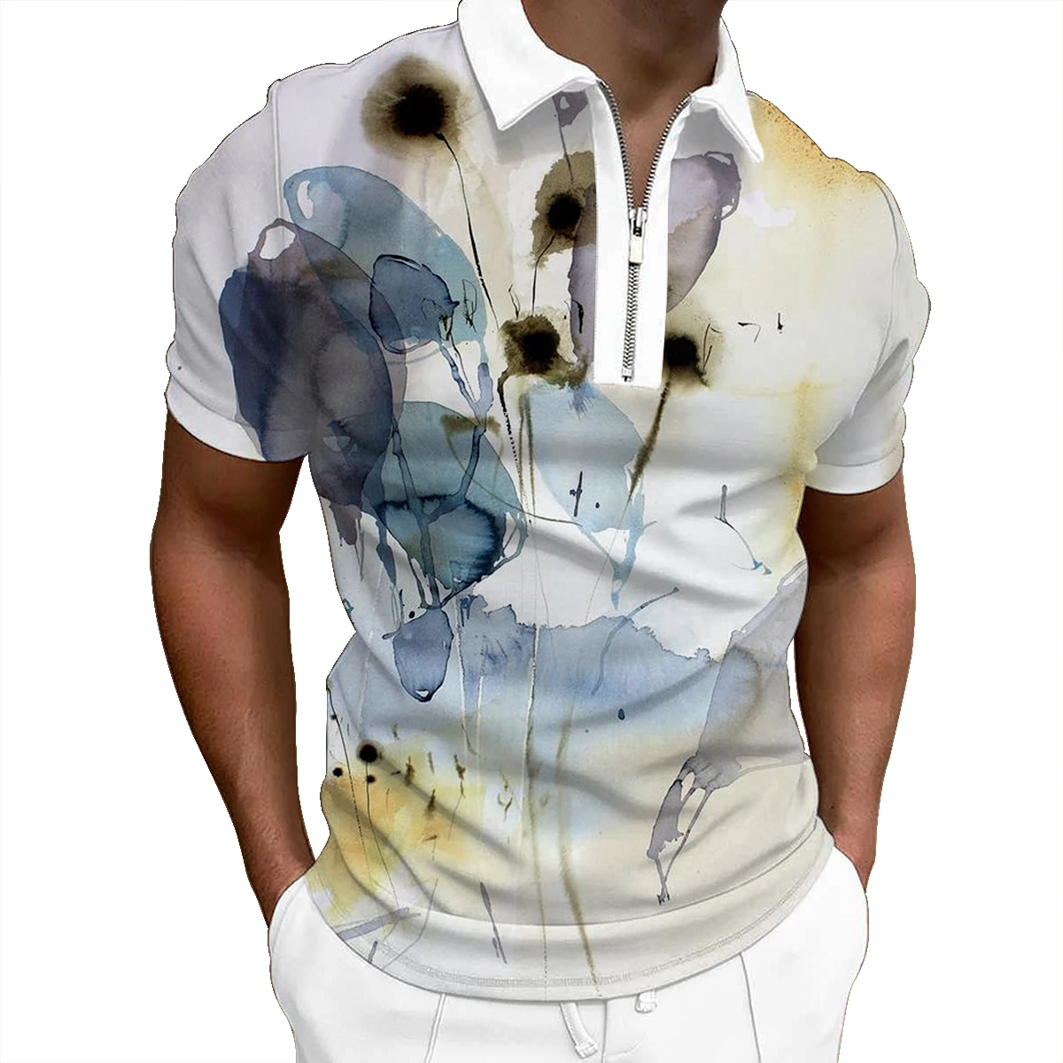 

Модная мужская рубашка-поло с 3D-принтом чернил, повседневная мужская рубашка-поло на молнии с лацканами, Повседневная приталенная мужская р...