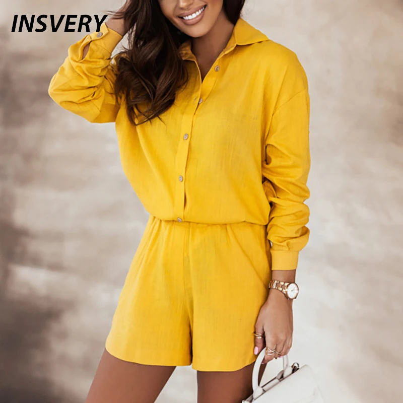 

Fashion Sets For Women Summer Turn Down Collar Long Sleeve Button Blouse Shirt Elastic Shorts Female Casual Two Piece Set
