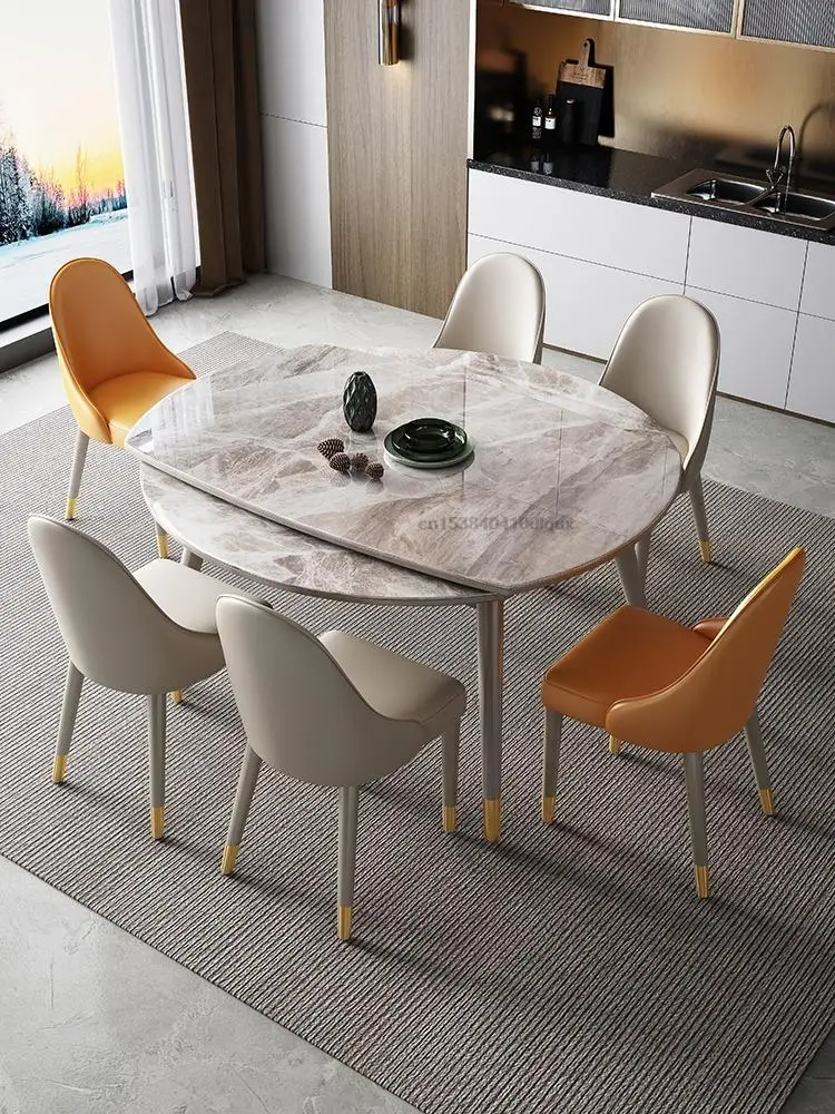

Glossy Telescopic All Solid Wood Round Table 1.2m Folding Rock Slab Dining Table For 6 Person Large Villa Kitchen Furniture Set