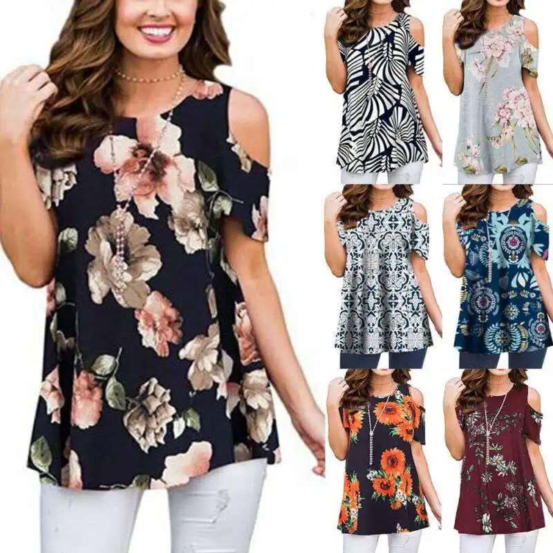 

Cold Shoulder Size Casual Ladies Summer Womens Baggy T-Shirt Blouse Floral Tops