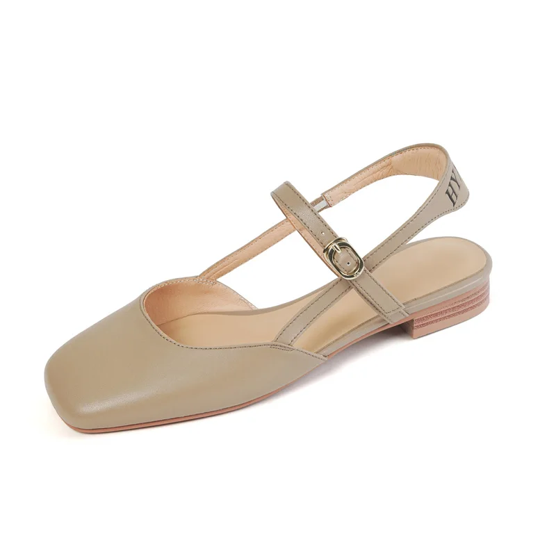 

Genuine Leather Women Slingbacks Sandals Summer Fashion Round Closed Toe Low Heels Sandal Party Lady Buckle Beige Apricot Shoes