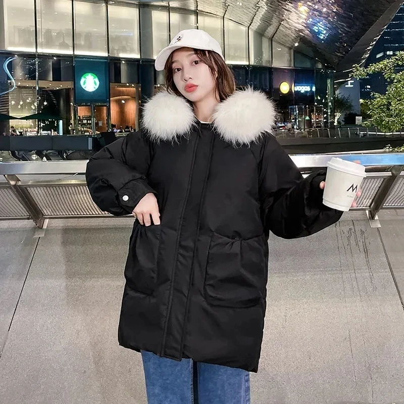 

Women Winter Jacket Cotton Padded Parka 2022 Fur Collar Hooded Loose Female Coat Thick Warm Solid Casual Women Parkas Fashion Ou