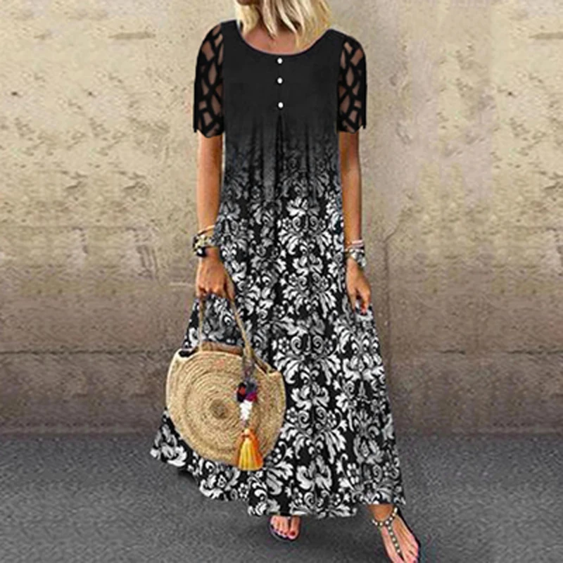 

Женское винтажное платье в стиле пэчворк, длинное платье с цветочным принтом, круглым вырезом и коротким рукавом, повседневное свободное пл...