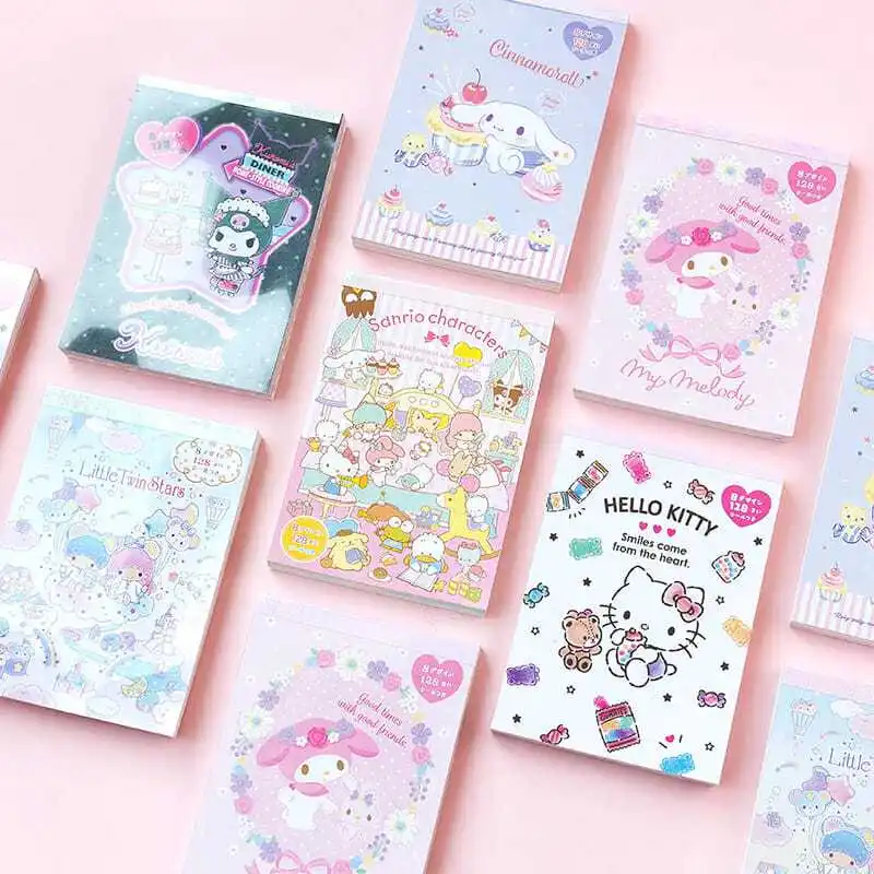 

Блокнот Hello Kitty Sanrio Kawaii из аниме «Моя Мелодия», милый мультяшный блокнот для записей с цветными страницами Cinnamoroll Kuromi, отправляемые наклейки, ...