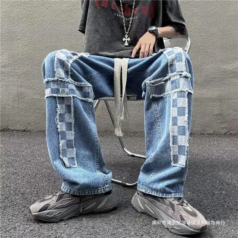 DEEPTOWN Patchwork Vintage Jeans Men Loose Casual Streetwear Hip Hop Denim Pants Oversize Plaid Pants with Crosses Trousers Male