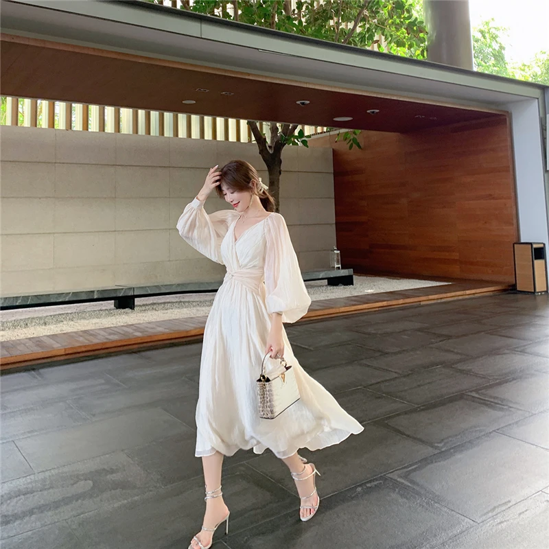 

Women Summer Elegant White Solid Perspective Dress Puff Long Sleeves Ruffles Vintage Dresses for Vacation Dailywear