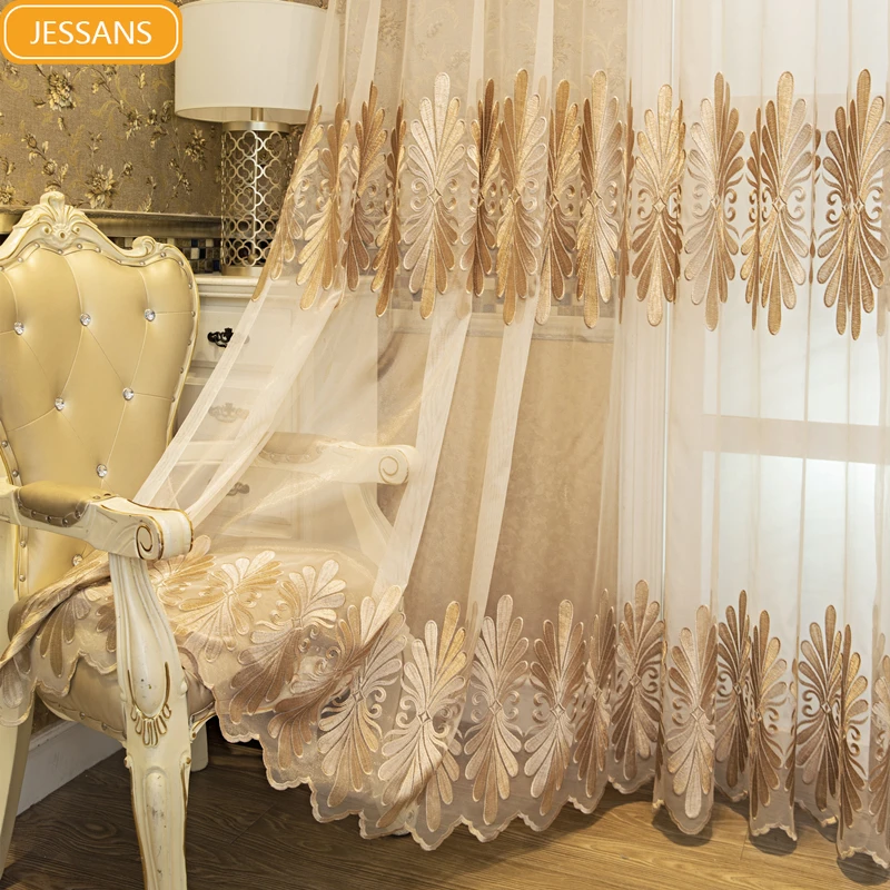 

New Luxury European Style Golden Embroidered Window Screen Curtains for Living Room Bedroom Balcony Custom Finished Product