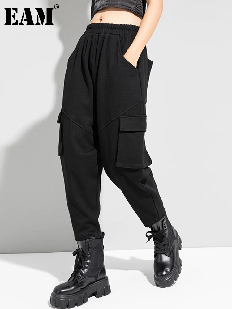 

[EAM] Big Pockets Long High Elastic Waist Harem Trousers New Loose Fit Pants Women Fashion Tide Spring Autumn 2023 1DD2568