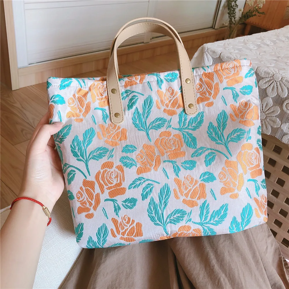 

Lady Vintage Embossed Floral Fabric Diaper Top-handle Tote Bag Teenager School Vegan Book Lunch Grocery Roomy Everyday Handbags