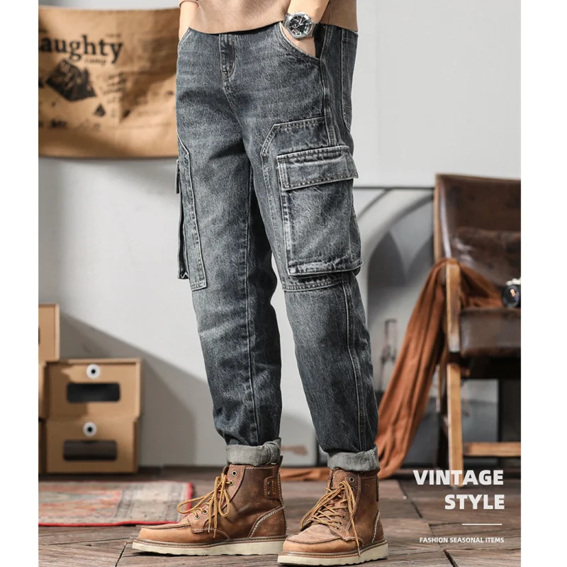 Streetwear Men New Pattern Vintage Recreational Bluish Grey Cargo Pants Straight Cylinder Comfortable Loose Jeans Autumn Female