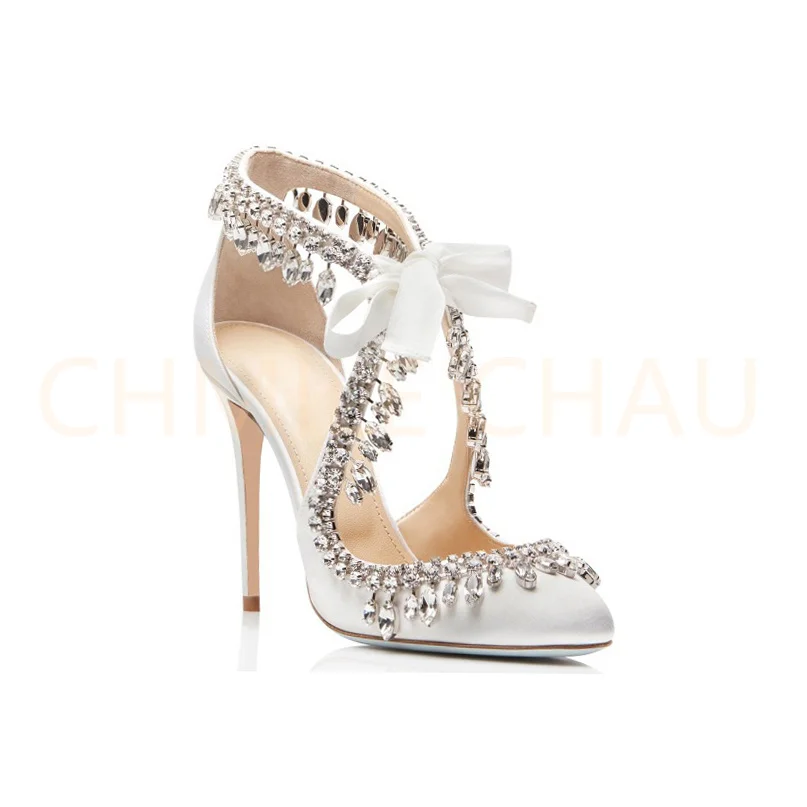 Women Stiletto High Heel Crystal Pumps Sexy Wedding Bridal Luxury Sandal Elegant Rhinestone Ball Party Lady Prom Shoe 113-CHC-26