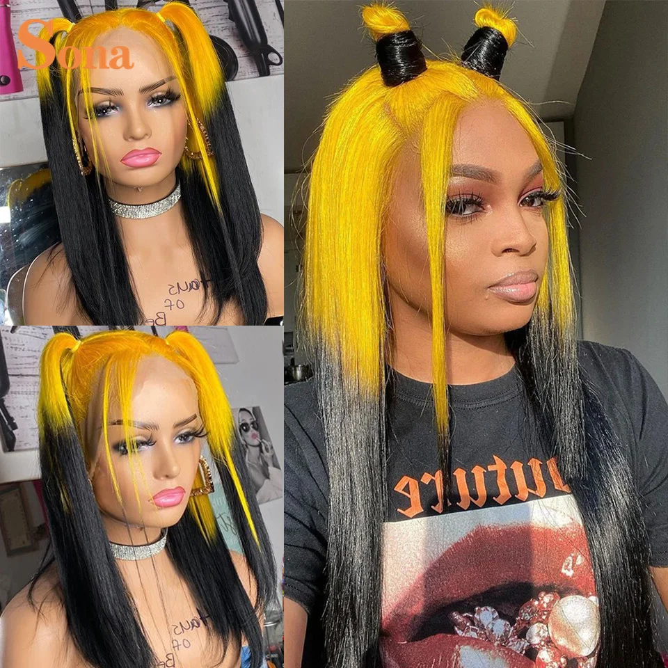 

13X4 Lace Front Wig Full Density Lace Frontal Wigs Straight Yellow Red Blue Black 2 Tones Colored Human Hair Wigs Closure Wigs