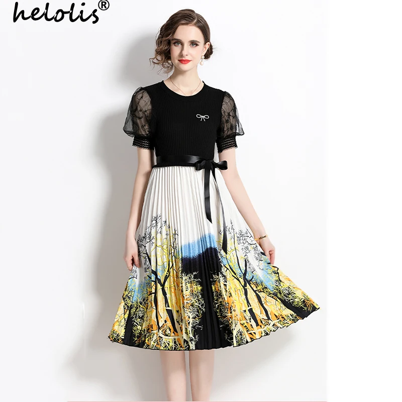 

Платье-миди летнее Плиссированное с круглым вырезом и рукавами-фонариками