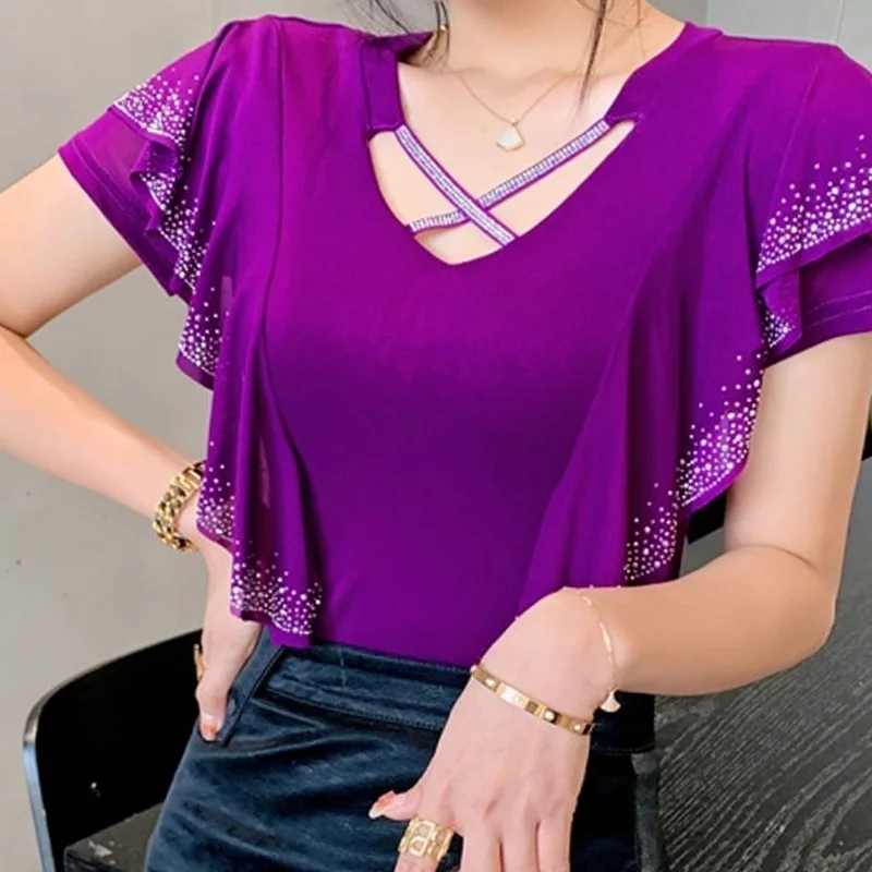 

Женская футболка с коротким рукавом, однотонная облегающая футболка в стиле пэчворк со стразами, элегантная повседневная одежда, лето 2023