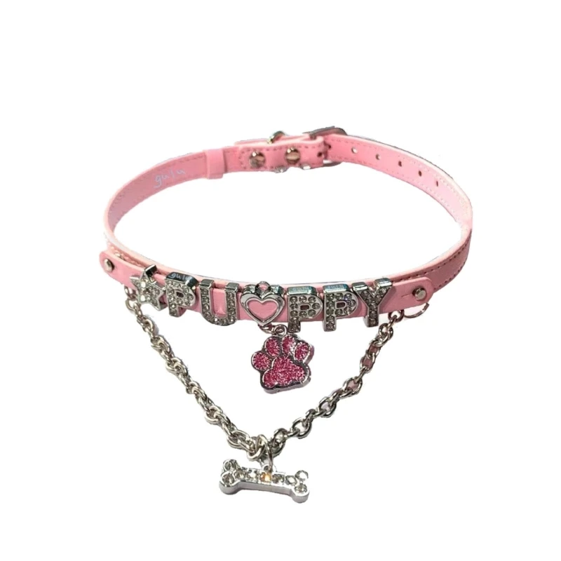 

Puppy Collar Chain Bone Pendant Necklace Hip Hop Jewelry Gift Leather Choker