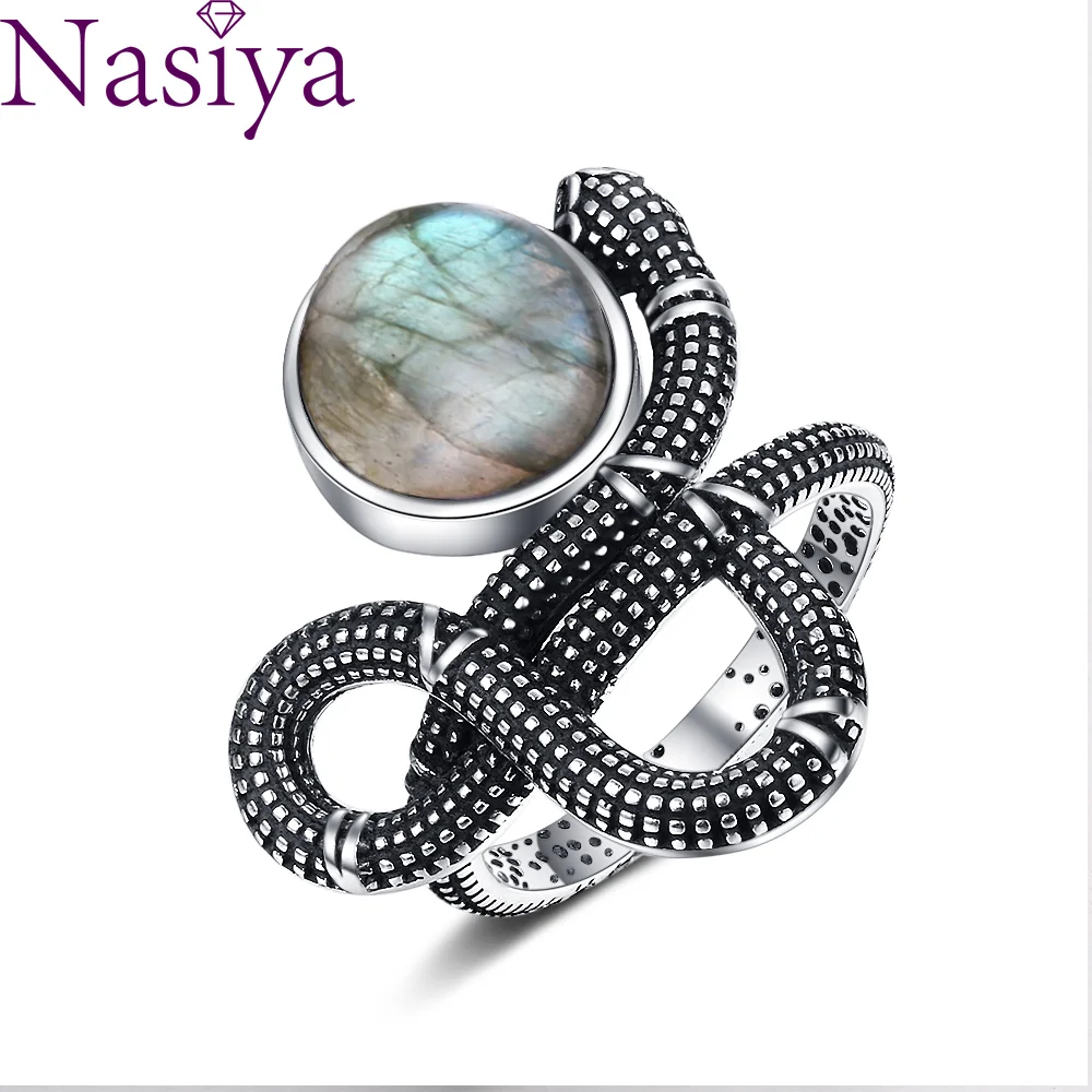 Snake Shaped Vintage Ring Natural Labradorite Ring 10*12MM Turquoise Moonstone Retro Gift for Women Men Fine Jewelry