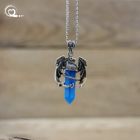 Ожерелье мужское из нержавеющей стали с натуральным камнем, кулон в виде дракона, лечебный кристалл, кварц, шестигранный, лазурит, винтажное ювелирное изделие QC3359