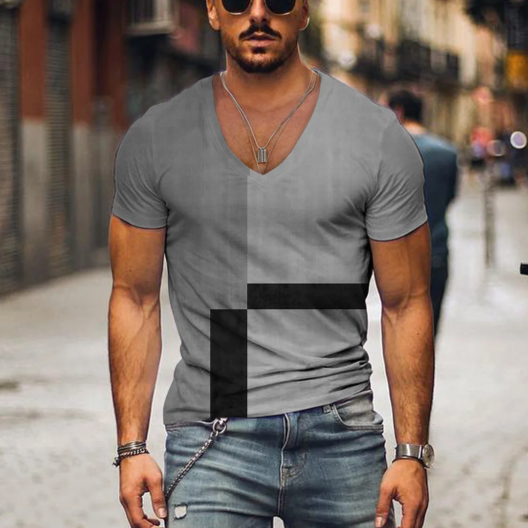 

Summer New Brand Short Sleeve V-Neck T-shirt Striped Printing Casual Simple Fashion Retro Men's Top T-shirt Y2k Clothing