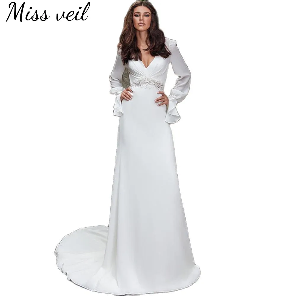 

Miss Veil V-Neck Wedding Dress Lantern Sleeve Sheath Modern Backless Bridal Gown Zipper Cut-Out Sweep Train Vestido De Novia