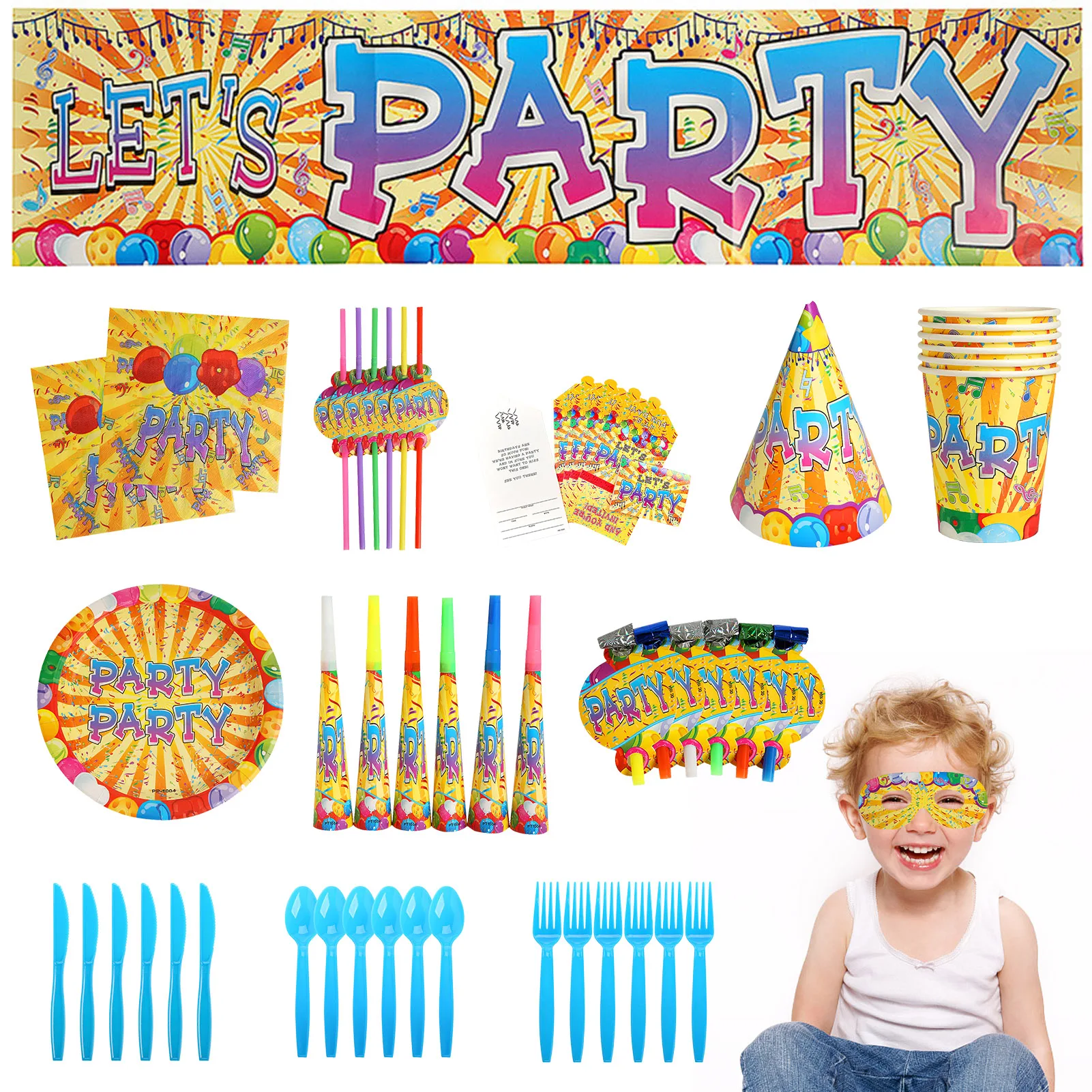 

Party Supplies Plate Cups Spoons Forks Napkins Knives Straws Hat Banner Eye Covers Blowing Horn Toys Invitation Cards Birthday