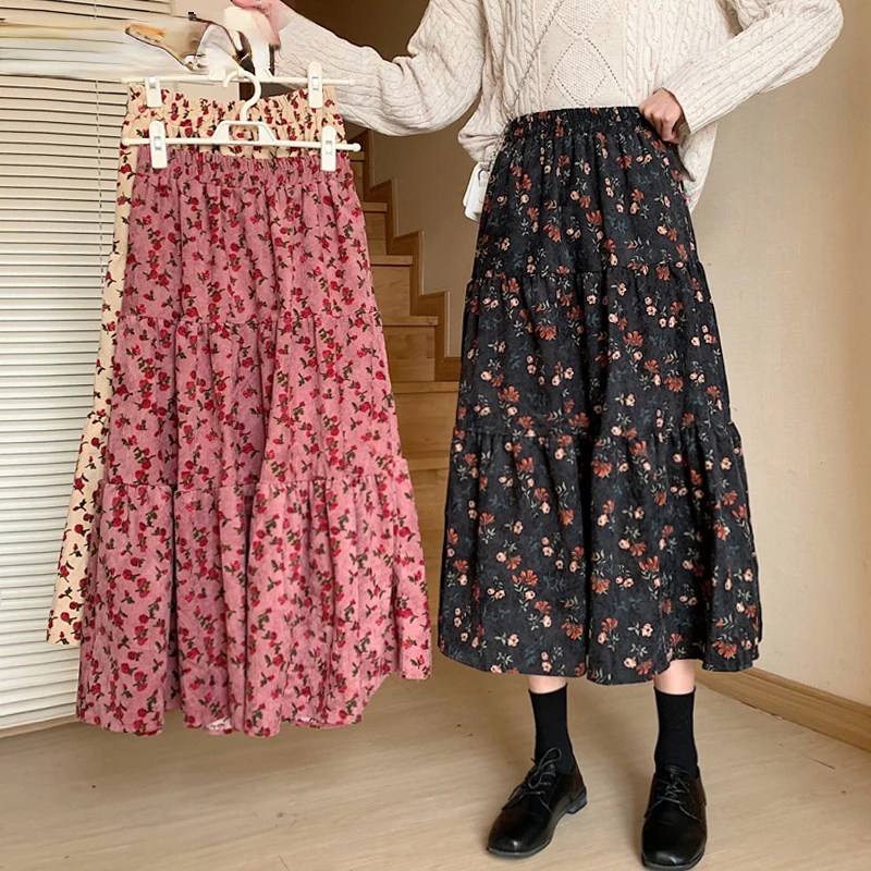 2022 Autumn and Winter Korean Version of The New Floral High Waist Women's Skirt Harajuku Corduroy Midi Skirt