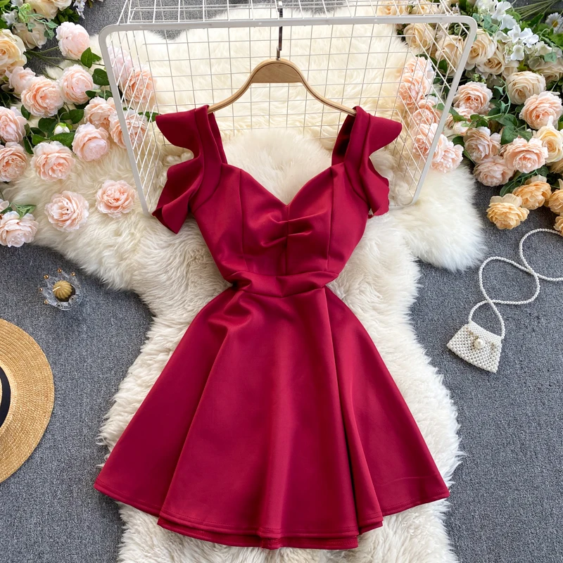 

Korea Elegant Dresses For Women 2022 Summer New Red V-neck Women's Dress Square Collar Fungus Edge Slim Multicolor Dress Woman