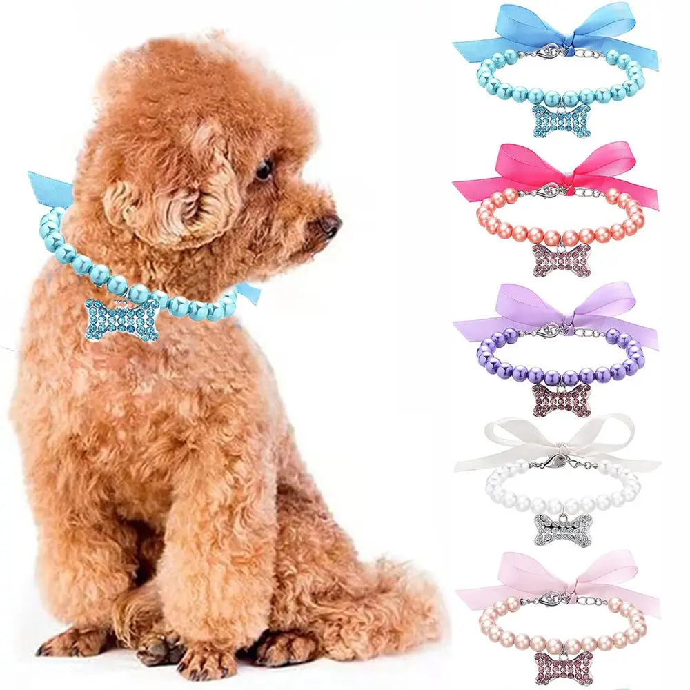 

Pet Jewelry Small Pet Diamond Cat Accessories Pet Pearl Necklace Cat Collars Bone Pendant Kitten Tie