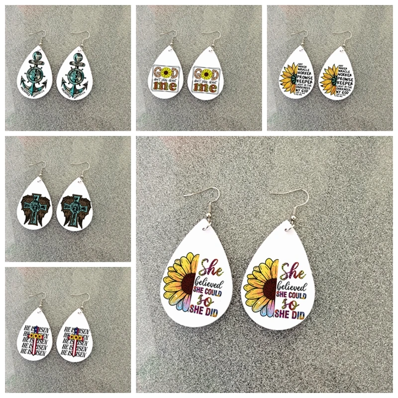 

New Faith Theme cross earring faux leather teardrop earrings for work by faith