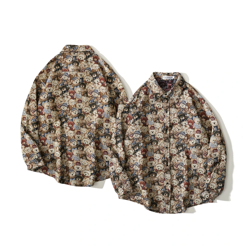 

Vintage Men's Long-Sleeved Shirt Spring 2022 New Cartoon Full Bear Printed Shirt Retro Cardigan Unisex Style Loose Casual Top