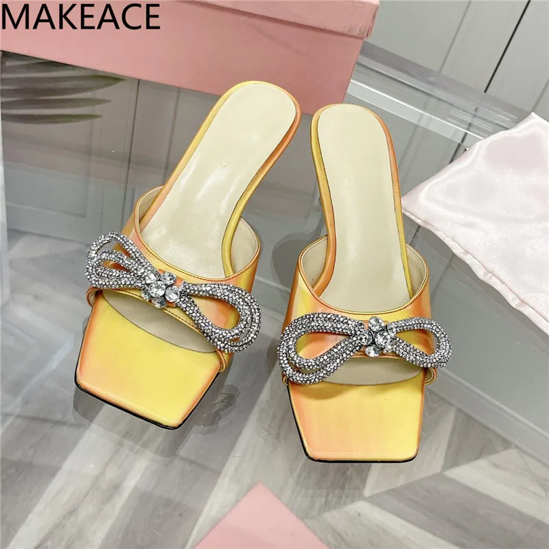 

Summer New Fashion Slippers Women Crystal Bowknot Decor Slippers Satin One Word Drag Square Toe Open Toe Stilettos Woman 2022