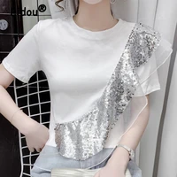 silver sequins lace pure cotton t shirt short sleeve round neck tops for female 2022 spring summer korean style casual clothing