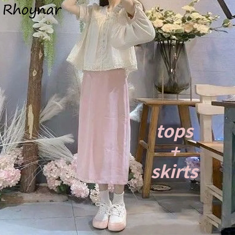 

Women Sets 2 Pieces Lace Tops Mid-calf A-line Skirts Loose Classy Elegant All-match Date Sweet Ulzzang Ins Hot Outfits Female