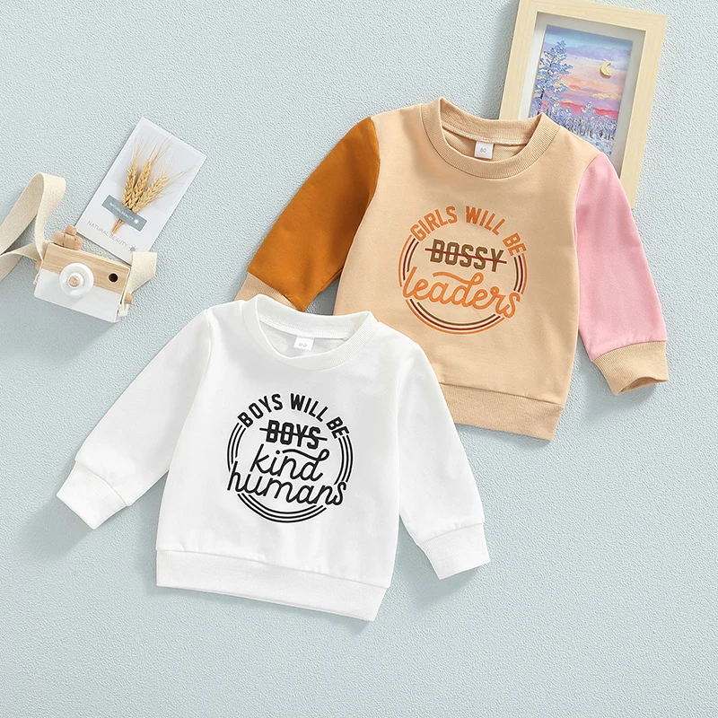 

0-4Y Autumn Kids Girls Boys Sweatshirt Outwear 2 Colors Letter Printed Long Sleeve Patchwork Pullover Tops
