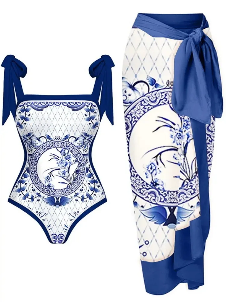 Vintage One Piece Swimsuit Women Summer Blue Floral Print Swimwear with Beach Skirt Cover Ups Mesh Swimming Bathing Suit Bowknot