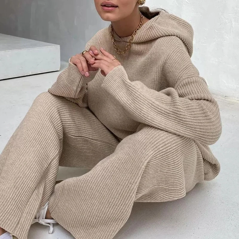 

Spring Autumn Knitted Two Piece Set Women Hooded Pullovers Wide Legs Pants Tracksuit Female Loose Solid Casual Chic Suit Outfits
