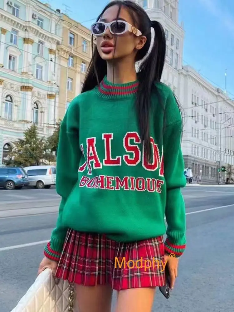 

Fashion Letter Print O Neck Knitted Sweater Women Loose Oversized Pullover Long Sleeve Jumper Sweaters Female Autumn Winter 2022