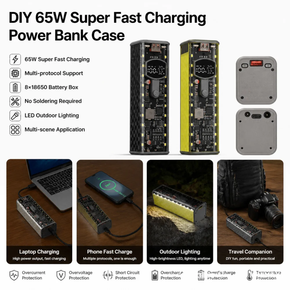 Фото Модуль Power Bank PD 65W/45W/20W для сверхбыстрой зарядки, корпус DIY со встроенным зарядным кабелем, бокс для аккумуляторов на 8 элементов №1