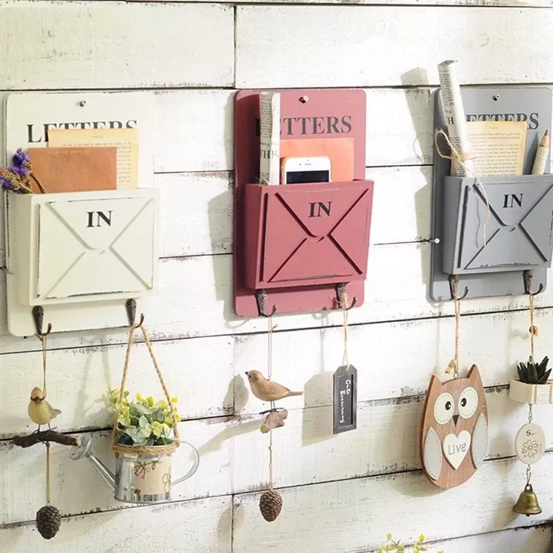 

Multifunction Keys Hanging Hooks Envelope Sundries Storage Box Retro Rangement Shelf Wood Boxes Vintage Home Decoration