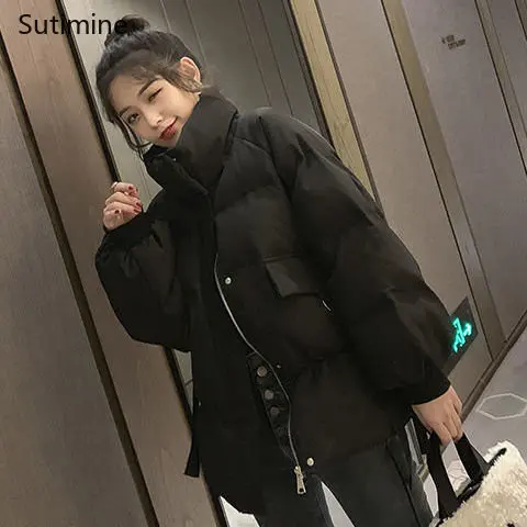 Winter Clothes Women Office Lady Pockets Women Short College Style Cotton Padded Jacket Lace-up Zipper Winter Coat Women