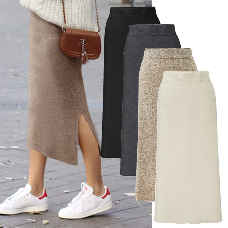 

Fashion Autumn Winter Korean Knitted Women Skirts Large Size Elastic Waist Split A-line Skirts Female Skirt Faldas Ropa Mujer
