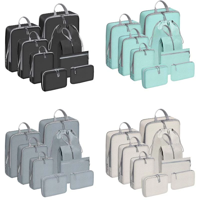 9PCS Compressed Packing Cubes Travel Storage Organizer Set With Shoe Bag Mesh Visual Luggage Portable Lightweight Suitcase Bag