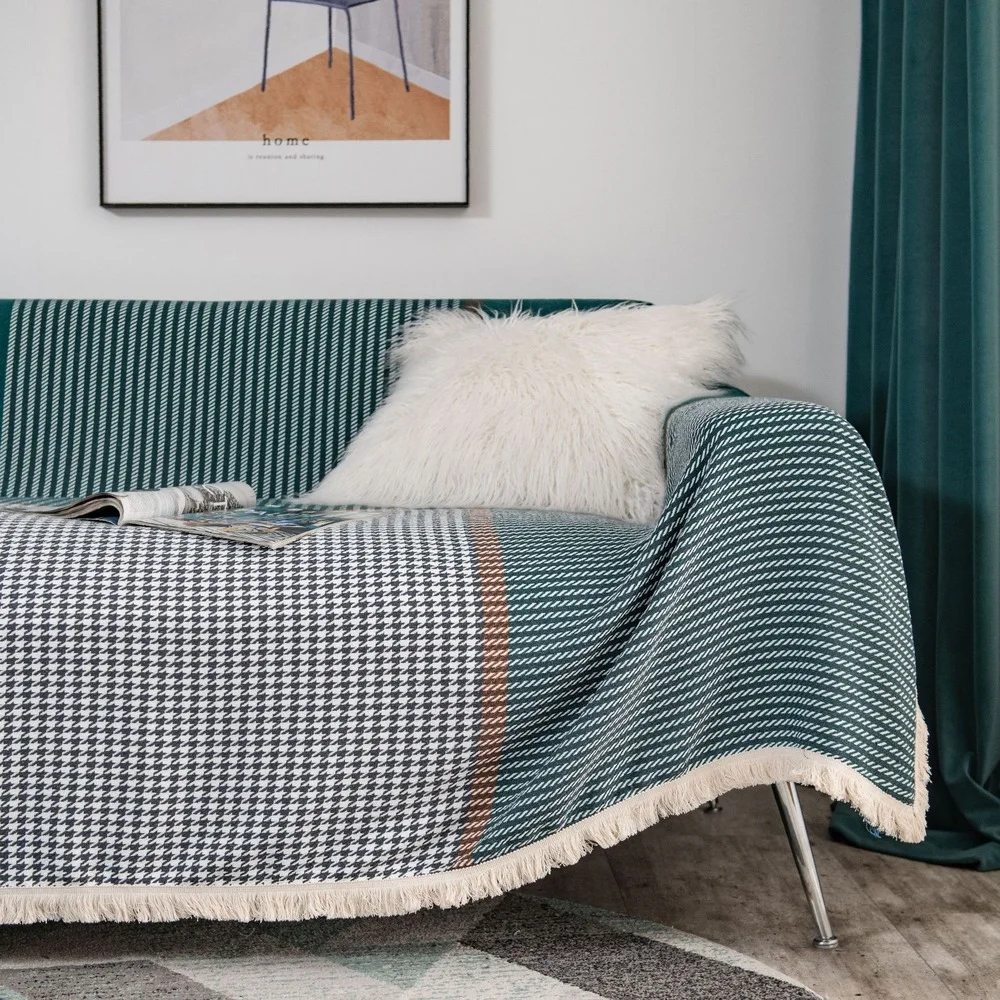 

Vintage Dark Green Striped Jacquard Sofa Blanket Cover American Covers Living Room Tassel Towel Furniture Upholstery Fabrics
