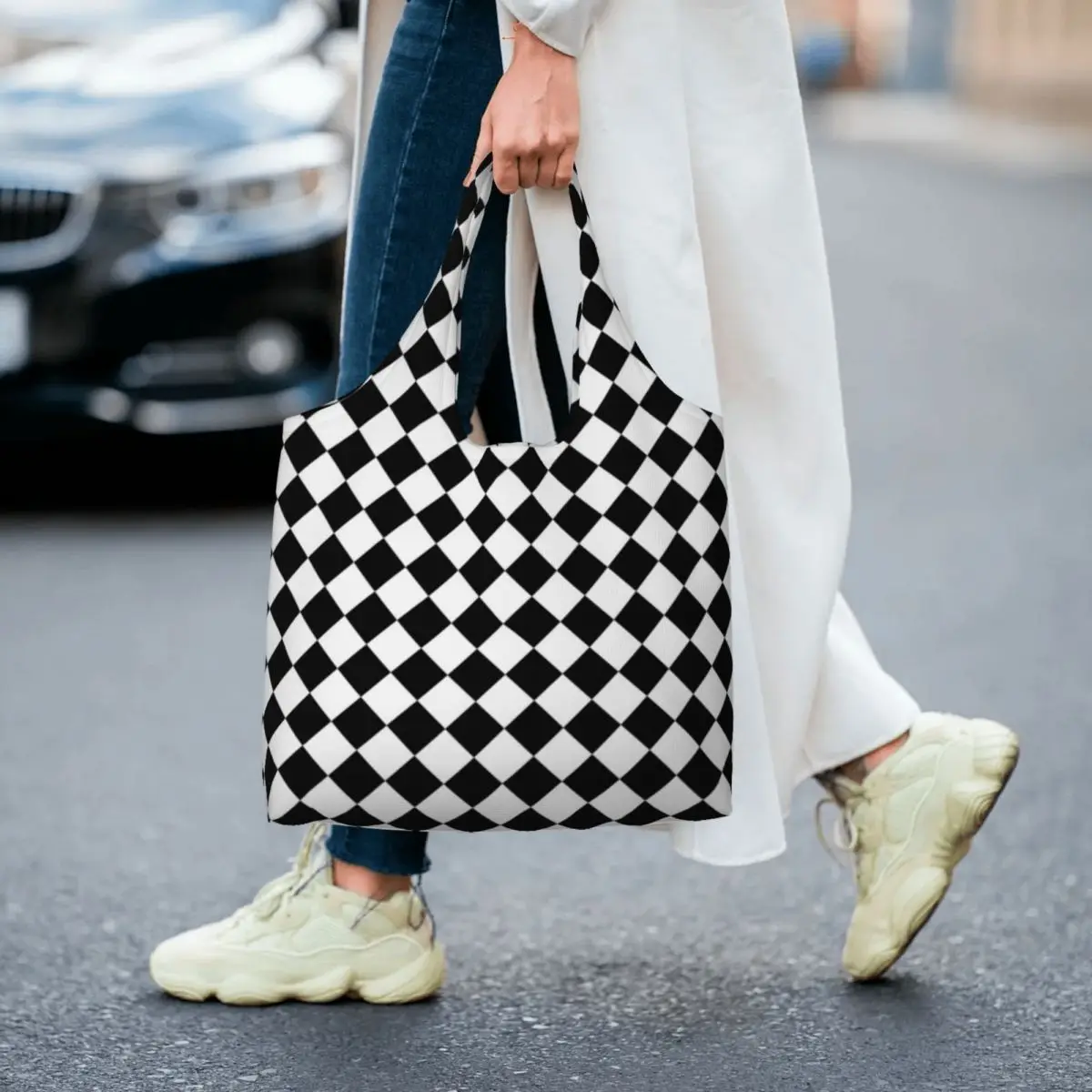 

Classic Checkerboard Shopping Bag Black and White Checker Office Student Handbag Gift Vintage Cloth Bags