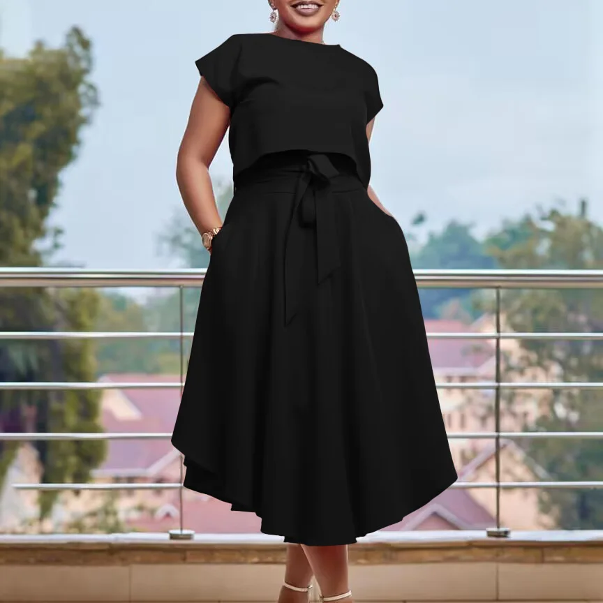 Plus Size Two Piece Dress Solid Shirt Top Loose Luxury Party Dress Korean Style Casual Outfit 2023 Summer Female Matching Sets