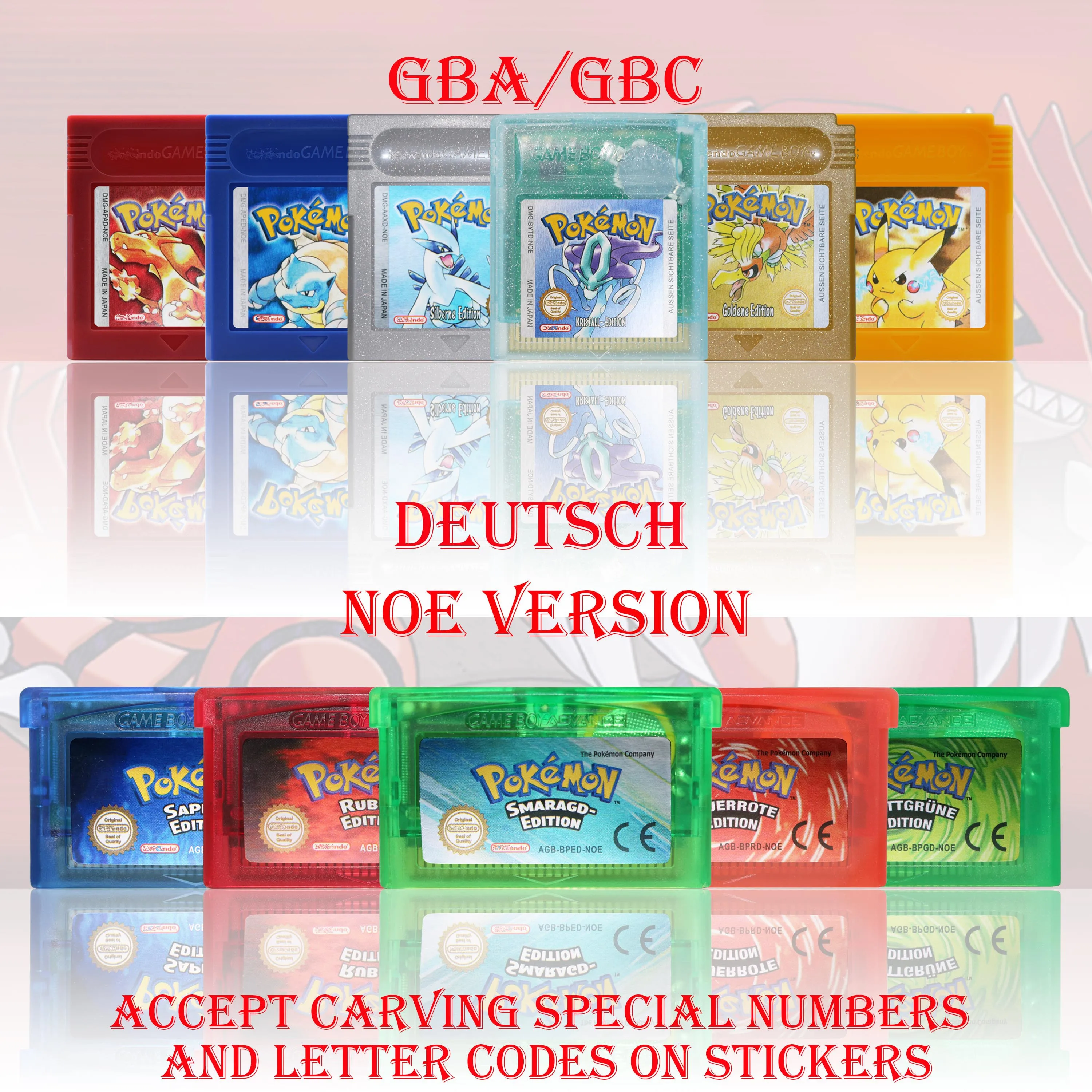 Фото Игровой картридж GBC/GBA NOE Version Pokemon Kristall/Smaragd/Feuerrote/Blattgrune/Rubin, высококачественная игровая карта с батареей. №1