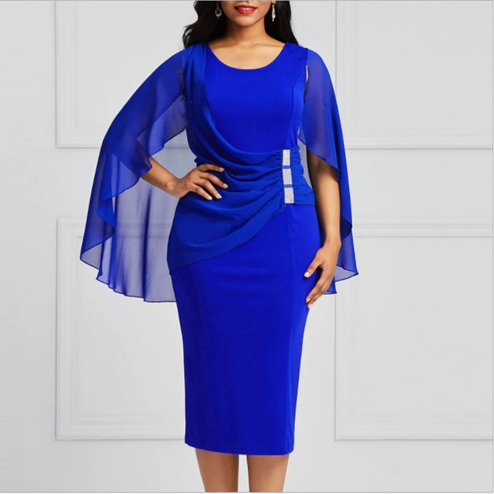 

MISSJOY Women Elegant Bridesmaid Chiffon Bodycon Dress Wedding Guest Evening Gowns Cape Sleeve Party Vestidos Royal Blue Fiesta