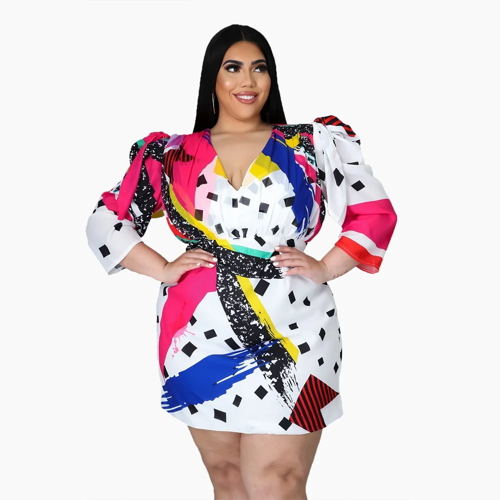 Plus Size Female Dresses Polka Dot Fashion Colorful Printing Half Body Dress Casual V-neck Waist Pullover Short Dress For Women