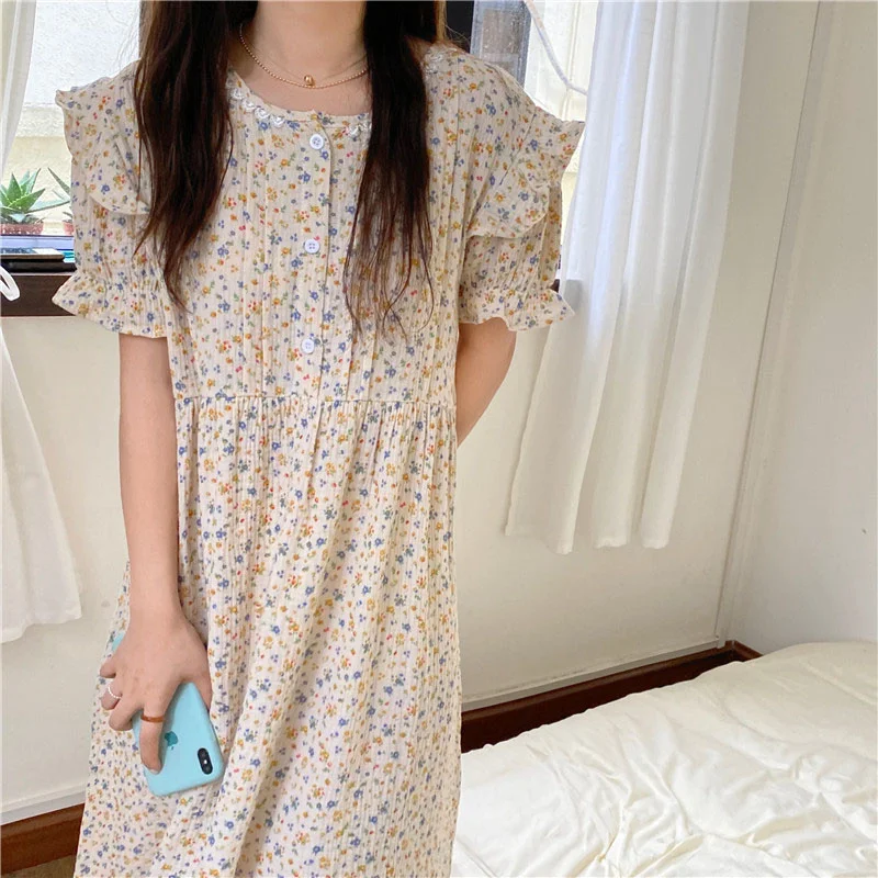 Nightgown Women Cotton Floral Short Sleeve Sleepwear Loose Korean Ruffles Sweet Summer Dress Nightdress Sleepshirt Home Clothes