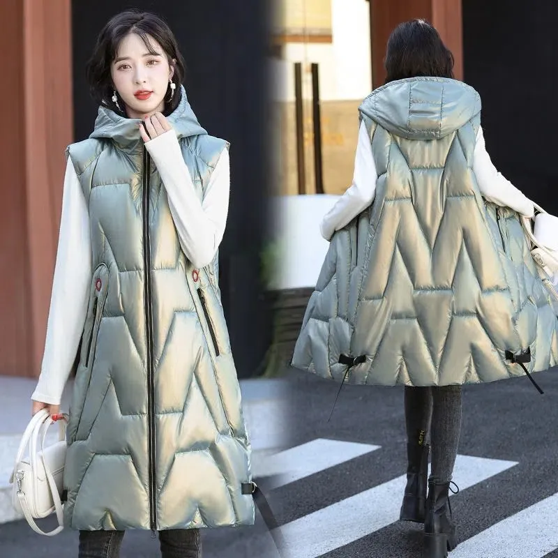 

New Winter Long Vest Women's Solid Hooded Pockets Zipper Padded Ladies Casual Sleeveless Jacket Warm Quilted Vest for Female